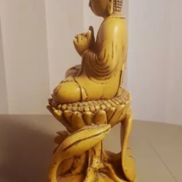 Rare! Vintage Hand-Carved Lord Buddha Meditating On Lotus Stand HEAVY RESIN - Picture 3 of 12